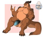 anthro balls belly big_balls big_pecs big_penis brown_body claws erection genitals horn male musclegut muscular muscular_anthro muscular_male overweight pecs penis sitting slightly_chubby solo tail 1ceberg mythology dragon mythological_creature mythological_scalie scalie absurd_res hi_res