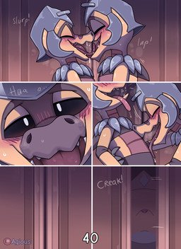 ambiguous_gender anthro armor blush clothed clothing dialogue door duo fangs furniture gate headgear helmet kissing licking melee_weapon open_door polearm shaded_background spear teeth text tongue tongue_out weapon agious nintendo pokemon veyneria_(agious) canid canine delphox fox generation_5_pokemon generation_6_pokemon krokorok mammal pokemon_(species) reptile scalie 2026 comic digital_drawing_(artwork) digital_media_(artwork) english_text hi_res shaded