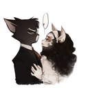 anthro black_body black_fur black_hair black_tie_(suit) claws clothed clothing dress duo eye_contact eyeshadow female frown fully_clothed fur grin hair head_tuft heart_symbol kerchief lipstick long_hair looking_at_another looking_at_partner looking_down looking_up makeup male male/female pointy_ears prick_ears simple_background smile standing suit tuft unimpressed white_background white_body white_fur oni_bzut67 lackadaisy mordecai_heller serafine_savoy domestic_cat felid feline felis mammal