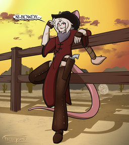 anthro asian_clothing boots braided_hair bulge cactus chaps chinese_clothing clothed clothing cloud cowboy cowboy_hat desert east_asian_clothing fence footwear fur gloves gun hair handgun handwear hat headgear headkerchief headwear holster kerchief leaning_against_object looking_at_viewer male object_in_mouth pantsless plant ranged_weapon red_eyes revolver sand shoes solo sun tumbleweed weapon wheat wheat_in_mouth white_body white_fur white_hair thibbycat xin_(thibbycat) mammal mouse murid murine rodent hi_res