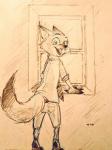 anthro bottomwear claws clothed clothing fully_clothed fur looking_at_viewer looking_back looking_back_at_viewer male necktie open_mouth open_smile pants rear_view rolled_up_sleeves shirt smile solo standing topwear window saritaaaaaaa82 disney zootopia nick_wilde canid canine fox mammal red_fox true_fox 3:4 sketch