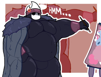 accessory anthro barazoku belly big_belly big_butt big_muscles big_pecs black_body butt cape clothing cuff_(restraint) dialogue fur_cape fur_clothing headband headgear headwear male mask muscular muscular_anthro muscular_male overweight overweight_anthro overweight_male painting_(action) painting_(object) pecs raised_arm restraints simple_background solo text thick_thighs wrist_cuffs wristband crococola hollow_knight_(franchise) team_cherry nailmaster_sheo_(hollow_knight) animal_humanoid arthropod arthropod_humanoid beetle humanoid insect insect_humanoid english_text