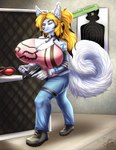 2017 anthro big_breasts black_nose blonde_hair blue_bottomwear blue_clothing blue_eyes blue_pants bottomwear breasts canid clothed clothing curled_tail dated ear_piercing ear_ring female footwear full-length_portrait fur glistening glistening_eyes grey_clothing grey_footwear grey_shoes gun hair hi_res holding_gun holding_object holding_ranged_weapon holding_weapon huge_breasts inner_ear_fluff lacy_(leumas_setay) mammal mouth_closed multiple_ear_piercings narrowed_eyes pants piercing pink_clothing pink_topwear portrait ranged_weapon ring_piercing shoes shooting_range signature solo standing tail tiggybloom topwear tuft weapon white_body white_fur white_inner_ear_fluff white_tail