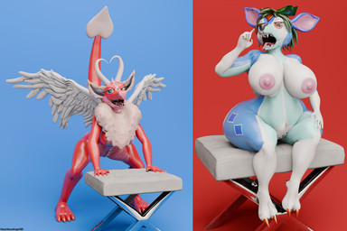 2_toes 4_toes 5_fingers anthro big_breasts blue_body blue_fur blue_nipples breasts butt chest_tuft claws duo fangs feathered_wings feathers feet female fingers fluffy_ears forehead_gem fur furniture gem green_hair hair hooves horn looking_at_viewer nipples nude pink_body pink_nipples pink_scales raised_tail red_body red_scales scales simple_background sitting smile stool tail teeth toe_claws toes tuft white_body white_feathers white_fur wide_hips wings heartlessangel3d mythology adelina_the_love_dragon petra_the_defend_deer deer dragon mammal mythological_creature mythological_scalie scalie 2026 3:2 3d_(artwork) digital_media_(artwork) hi_res