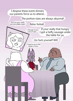 accessory anthro brown_body brown_fur clothing dialogue dinner dinner_table dress fancy_clothing female fur grey_body grey_fur group hair hair_over_eyes male necktie obese obese_anthro obese_female obese_male overweight overweight_anthro overweight_female overweight_male profanity purple_hair sitting text trio white_body white_fur white_hair oxkingky cat_diana_(oxkingky) wilfred_(oxkingky) bat canid canine canis domestic_cat domestic_dog felid feline felis mammal 2026 english_text hi_res