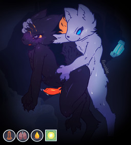 abdominal_bulge anal anal_penetration anthro black_body blood blood_on_face blue_eyes blush bodily_fluids cave claws crying duo forced from_behind_position game_ui gameplay_mechanics genitals grey_body heart_eyes heart_symbol male male/male orange_eyes orange_penis paws penetration penis rape scratches sex sweat tears white_body x-ray_view floranbin casualties:_unknown expie_(gunsawian) gunsawian milky_(gunsawian) hi_res