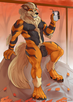 animal_genitalia anthro anthrofied arm_tuft balls beverage black_body black_fur body_hair fully_sheathed fur genitals happy_trail holding_beverage holding_object leaf looking_at_viewer male male_anthro muscular muscular_anthro muscular_male neck_tuft nipples nude nude_anthro nude_male orange_body orange_fur pokemorph pubes sheath sitting smile solo striped_body striped_fur stripes tail tan_body tan_fur teeth tuft whisker_spots blaker nintendo pokemon arcanine generation_1_pokemon pokemon_(species) 2020 hi_res