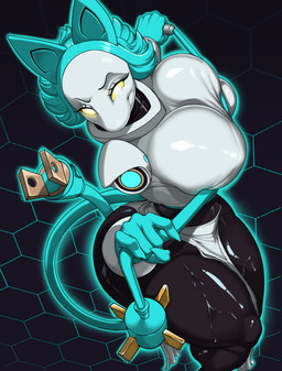 anthro big_breasts blue_hair breasts clothed clothing cord_tail female hair looking_at_viewer machine shirt smile topwear whip yellow_eyes hamili deltarune undertale_(series) tasque_manager darkner felid feline mammal robot 2025 absurd_res detailed digital_drawing_(artwork) digital_media_(artwork) half-length_portrait hi_res portrait