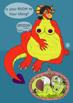 anthro asking asking_another belly big_belly bodily_fluids bodily_noises breasts crying dialogue different_sound_effects digestion duo esophageal_sphincter extended_sound_effect female female_pred fully_inside gore horn muffled nipples onomatopoeia oral_vore question rumbling_stomach sound_effect_variant sound_effects speech_bubble stomach_acid tail talking_to_another talking_to_prey tears text vore vowelless vowelless_vocalization yes-no_question crystalwhisker mythology dragon mythological_creature mythological_scalie scalie english_text hi_res