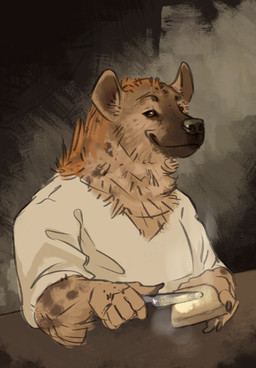 anthro bread butter clothed clothing dairy_products food hyena_butter knife looking_at_viewer male solo toast sepulte hyena mammal spotted_hyena 2022 absurd_res hi_res