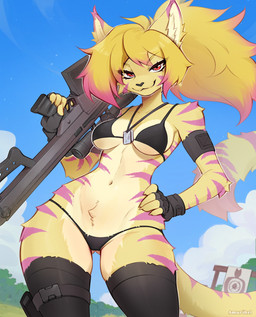 anthro biped breasts claws clothed clothed_anthro clothed_female clothing cloud countershade_torso countershading day female fingers front_view fur gun hair looking_at_viewer low-angle_view medium_breasts navel outside ranged_weapon sky smile solo standing stripes tail under_boob weapon amarihel amy_pratt felid feline mammal 2026 digital_drawing_(artwork) digital_media_(artwork) hi_res