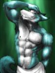 abs anthro clothed clothing fur male muscular muscular_anthro muscular_male nipples pose solo topless dynafurryart beastars legoshi_(beastars) canid canine canis mammal wolf