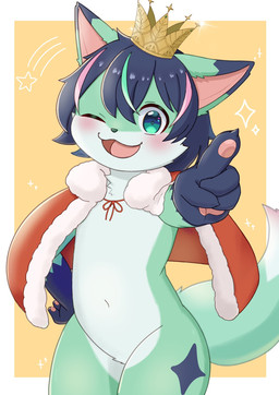 anthro black_body black_fur black_hair black_markings black_nose blush cape cape_only clothing countershading crown featureless_crotch front_view fur gesture green_body green_eyes green_highlights hair hand_gesture headgear highlights_(coloring) kemono looking_at_viewer male markings mostly_nude navel one_eye_closed open_mouth open_smile pink_highlights pointing pose smile solo white_body white_countershading young iryu_km production_taiikukan polaris_(polaris_mint) canid canine fox mammal 2022 digital_media_(artwork) hi_res portrait three-quarter_portrait