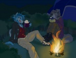 anthro beverage black_hair blue_body blue_fur blue_hair campfire candy canid canine canis chocolate demicoeur dessert detailed_background digital_media_(artwork) domestic_dog duo female fire food forest fur grey_body grey_fur hair hot_chocolate macro mammal marshmallow night outside plant tail tent tongue tongue_out tree