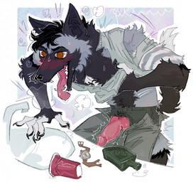 animal_genitalia animal_penis blush bottomwear breath canine_genitalia canine_penis chest_tuft clock clothing dazed drunk emanata erection exclamation_point genitals male pants partially_clothed_anthro penis penis_poking_out question_mark red_solo_cup sink snout substance_intoxication tongue tongue_out tuft underwear watch jariloxe canid canine canis domestic_dog mammal 2025 hi_res