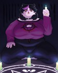 anthro black_hair candle cleavage_cutout collar cutout female fur hair highlights_(coloring) holding_candle holding_object inverted_pentagram kneeling occult_symbol overweight overweight_anthro overweight_female pentagram purple_highlights solo spiked_collar spikes summoning_circle symbol white_body white_fur yellow_sclera sunilasu deltarune undertale_(series) catti_(deltarune) domestic_cat felid feline felis mammal 2024 4:5 absurd_res hi_res