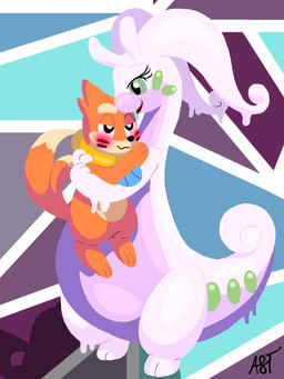 2_tails 2_toes 3_fingers 3_toes biped blue_background blush duo eyelashes feet female feral fingers fur green_eyes holding_another hug larger_female long_tail looking_at_another male male/female multi_tail orange_body orange_fur orange_tail pattern_background purple_body purple_skin purple_tail red_blush simple_background size_difference smaller_male standing tail text toes fulgito_ast nintendo pokemon buizel generation_4_pokemon generation_6_pokemon goo_creature goodra pokemon_(species) 2025 3:4 artist_name hi_res