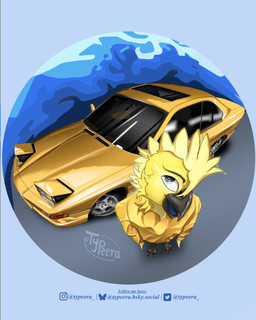 anthro beak blue_background blue_tongue bmw_e31_850csi car clothing feathers feet fisheye_lens head_tilt high-angle_view male open_beak open_mouth simple_background solo talons toes tongue topwear vehicle yellow_body typeera bmw avian bird 4:5 absurd_res hi_res