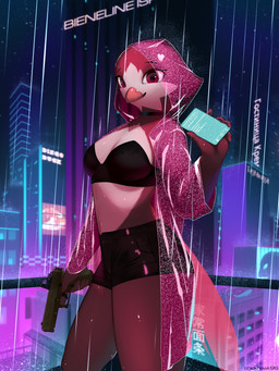 anthro beak bottomwear bra breasts cellphone choker city city_background cityscape clothing coat electronics female gun handgun holding_cellphone holding_gun holding_handgun holding_object holding_phone holding_pistol holding_ranged_weapon holding_smartphone holding_weapon jewelry looking_at_viewer medium_breasts midriff necklace neckwear night phone pistol raincoat raining ranged_weapon red_body red_eyes reflective_body shorts sky smartphone smile solo standing star starry_sky text topwear trigger_discipline underwear weapon white_body chickhawk96 glock blossom_(chickhawk96) avian bird 3:4 absurd_res hi_res