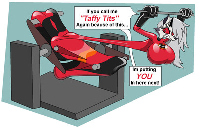 anthro bodysuit clothing elastic female latex latex_bodysuit latex_clothing latex_skinsuit skinsuit solo speech_bubble taffy_puller text tight_clothing themadastronaut disney hellaverse helluva_boss mythology pixar the_incredibles helen_parr loona_(helluva_boss) canid canid_demon canine demon hellhound mammal mythological_canine mythological_creature digital_media_(artwork) english_text hi_res