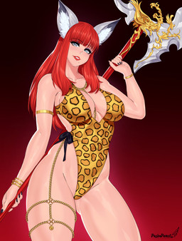 animal_print axe bangs battle_axe breasts cleavage clothed clothing eyeshadow female gold_(metal) hair holding_object holding_weapon inner_ear_fluff jewelry leopard_print leotard makeup markings mole_(marking) red_hair solo tuft weapon pashapencil animal_humanoid canid canid_humanoid canine canine_humanoid fox_humanoid humanoid mammal mammal_humanoid hi_res
