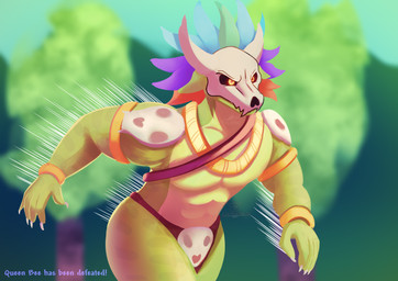 anthro armlet bone bone_mask bottomwear claws clothed clothed_anthro clothing defined_muscles forest jewelry jungle loincloth male mask meme_pose motion_lines muscular muscular_anthro muscular_male necklace partially_clothed plant running scales serious serious_face skull skull_head skull_mask speed_lines text tree cachuchas terraria witch_doctor_(terraria) lihzahrd scalie english_text hi_res meme
