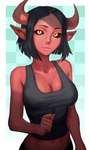 black_hair black_sclera breasts cleavage clothed clothing crop_top female hair horn humanoid_pointy_ears midriff not_furry pointy_ears pupils red_body red_skin shirt slit_pupils solo tank_top topwear yellow_eyes telepurte demon horned_humanoid humanoid 2022 hi_res