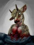 anthro autocannibalism blood bodily_fluids brown_body brown_fur eaten_raw fur gore gore_focus green_eyes guts hard_vore horn male nightmare_fuel organs solo vore ohohflamethrower deer mammal 3:4 hi_res