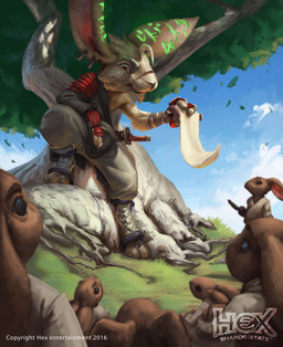 4_fingers ambiguous_gender anthro bottomwear brown_body brown_fur clothing cloud day fingers fur grass grey_body grey_fur group holding_object holding_paper male melee_weapon outside pants paper plant runes smile sword tree weapon young young_anthro ellemnian hex:_shards_of_fate lagomorph leporid mammal rabbit 2016 absurd_res digital_media_(artwork) hi_res official_art
