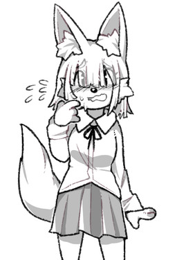 anthro blush bodily_fluids bottomwear clothed clothing collared_shirt dress_shirt eye_through_hair female fur gesture hair hair_over_eyes hand_gesture inner_ear_fluff pointing pointing_at_self school_uniform shirt shy simple_background skirt solo sweat sweatdrop topwear translucent translucent_hair tuft uniform white_background white_body white_fur blushily tamamo-chan's_a_fox osaki_fushimi canid canine fox mammal 2020 monochrome portrait three-quarter_portrait