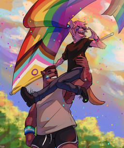 anthro brown_body duo lgbt_pride male muscular muscular_male pink_body pride_color_flag pride_colors slightly_chubby yelling arihho lgbt_pride_month kayi_(arihho) misha_(arihho) bear canid canine mammal hi_res