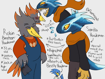 4_fingers anthro beak black_bottomwear black_clothing black_eyes black_shirt black_skirt black_talons black_topwear blue_body blue_clothing blue_feathers blue_overalls blue_tail blush blush_lines bodily_fluids bottomwear cheek_tuft clothed clothed_anthro clothed_female clothed_male clothing digit_ring directional_arrow duo_focus eyelashes facial_tuft feather_hair feather_hands feathers female female_anthro fingers fully_clothed fully_clothed_anthro fully_clothed_female fully_clothed_male gesture grey_background grey_body grey_feathers grey_hair group hair hand_gesture heart_pupils jewelry looking_at_another looking_at_mouth looking_at_partner male male_anthro married_couple motion_lines multicolored_body multicolored_feathers open_mouth open_smile orange_body orange_feathers orange_hair orange_scarf orange_tail overalls patch_(fabric) pseudo_hair pupils red_clothing red_sweater red_topwear ring saliva saliva_string scarf sharp_teeth shirt simple_background skirt smile sweater tail tail_feathers tail_motion tailwag talon_hands teeth text thumbs_up topwear trio tuft two_tone_body two_tone_feathers two_tone_tail wedding_ring white_pupils yellow_beak yellow_teeth flamigoat deltarune undertale_(series) berdly fan_character robin_hawkman sandra_hawkman avian bird monster 2025 artist_name character_name digital_drawing_(artwork) digital_media_(artwork) english_description english_text flat_colors hi_res multiple_scenes father_(lore) father_and_child_(lore) father_and_son_(lore) mother_(lore) mother_and_child_(lore) mother_and_son_(lore) parent_(lore) parent_and_child_(lore) parent_and_son_(lore) son_(lore)