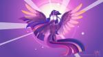 16:9 2014 equid equine feathered_wings feathers female feral friendship_is_magic fur glowing glowing_eyes hair hasbro hi_res horn joellethenose mammal multicolored_hair my_little_pony mythological_creature mythological_equine mythology purple_body purple_feathers purple_fur purple_hair solo spread_wings twilight_sparkle_(mlp) two_tone_hair widescreen winged_unicorn wings