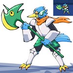1:1 2021 abstract_background anthro armor avian axe barefoot beak berdly bird blue_body blue_feathers clothed clothing content deltarune digital_media_(artwork) feathers feet fully_clothed happy male melee_weapon red_scarf scarf simple_background solo standing talons toes topwear undertale_(series) weapon white_background wondershove yellow_beak yellow_talons