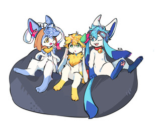 3_toes 4_fingers 4_toes anthro bean_bag bell bell_collar black_nose blue_body blue_eyes blue_fur blue_hair bottomless chatting chest_tuft clothed clothing collar cute_fangs digitigrade eyewear eyewear_on_head fangs feet female fingers flower fur goggles goggles_on_head green_eyes group hair half-closed_eyes head_tuft hoodie hoodie_only looking_at_another male narrowed_eyes open_mouth pawpads paws pink_pawpads plant simple_background sitting soles teeth toes tongue topwear topwear_only trio tuft white_background white_body white_fur yellow_body yellow_eyes yellow_fur basilbxun nintendo pokemon ashley_(shaymin) cel_(glaceon) sai_(sylveon) eeveelution generation_4_pokemon generation_6_pokemon glaceon legendary_pokemon pokemon_(species) shaymin shiny_pokemon sky_forme_shaymin sylveon 2022 hi_res