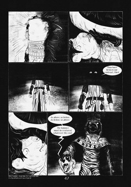 6_panel_comic ambiguous_gender anthro black_eyes black_text clothed clothing dialogue duo empty_eyes fingers fir floor gloves gore hair handwear holding_severed_head lying on_back on_ground open_mouth page_number severed_body_part severed_head speech_bubble talking_to_another teeth text tongue white_eyes white_sclera white_text leprzil canid canine crocodilian mammal mummy murid murine rat reptile rodent scalie undead artist_name comic english_text hi_res