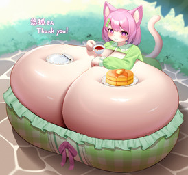 :3 anthro big_breasts blush breast_focus breasts butter cleavage clothed clothing container cup cup_of_tea dairy_products female food grass green_clothing green_shirt green_topwear hair honey_(food) huge_breasts hyper hyper_breasts immobile loli object_on_breast oppai_loli pancake pink_eyes pink_hair plant plate raised_tail shirt short_hair solo tail tea_cup topwear young young_female kemonoyou domestic_cat felid feline felis mammal hi_res