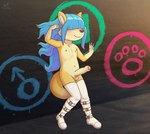 anthro balls big_penis blue_hair blush boots bottomwear clothing erection footwear fur genitals hair hair_over_eyes humanoid_genitalia humanoid_penis long_hair male nipples paint penis shoes solo tail wall_(structure) yellow_body yellow_fur zeklullaby interphore cartographer_(character) canid canine fennec_fox fox mammal true_fox 2025 digital_media_(artwork) hi_res