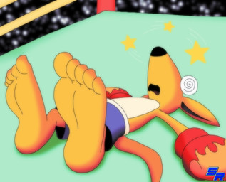 5_toes anthro barefoot big_feet biped blue_bottomwear blue_clothing blue_pants blue_shorts bottomwear boxing_gloves clothed clothing feet fighting_ring foot_fetish foot_focus fur gloves handwear humanoid_feet knockout lying lying_on_ground male on_back on_ground pants plantigrade red_clothing red_gloves red_handwear shorts solo stars_around_head swirly_eye tail toes unconscious yellow_body yellow_fur yellow_tail ryoosakuling kao_the_kangaroo kao_(kao_the_kangaroo) kangaroo macropod mammal marsupial 2020 digital_drawing_(artwork) digital_media_(artwork) hi_res