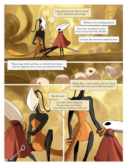 antennae_(anatomy) anthro biped black_body black_eyes blood blood_on_clothing blood_stain bodily_fluids cloak clothing detailed_background dialogue duo duo_focus empty_eyes eye_contact female female_anthro group hornet's_needle looking_at_another mouthless onomatopoeia red_cloak red_clothing sound_effects speech_bubble talking_to_another text white_body yellow_body darkdog hollow_knight:_silksong hollow_knight_(franchise) team_cherry hornet_(hollow_knight) shakra_(hollow_knight:_silksong) arthropod 2025 absurd_res comic digital_drawing_(artwork) digital_media_(artwork) english_text hi_res
