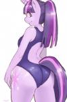 anthro anthrofied backless_clothing backless_swimsuit biped breasts butt clothing cutie_mark equid equine female friendship_is_magic fur hair hasbro hi_res horn looking_at_viewer looking_back mammal multicolored_hair my_little_pony mythological_creature mythological_equine mythology one-piece_swimsuit open-back_swimsuit purple_body purple_eyes purple_fur purple_hair rear_view simple_background smile solo standing swimwear the-rasp-b twilight_sparkle_(mlp) two_tone_hair unicorn white_background