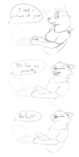 anthro clothed clothing computer electronics fangs female laptop sharp_teeth smile smiling_at_viewer solo teeth text schmutzo canid canine mammal absurd_res comic english_text hi_res monochrome
