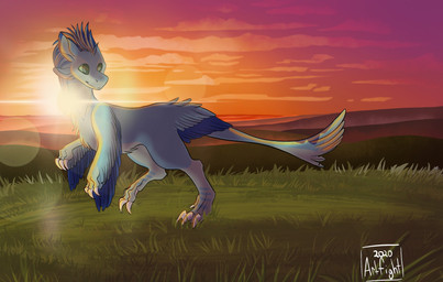3_fingers 4_ears 4_toes blue_body blue_feathers countershading dewclaw digitigrade feathered_crest feathered_wings feathers feet female feral feral_avali fingers green_body green_eyes head_crest multi_ear nude solo sunset toes winged_arms wings mittensfoxy luvashi avali avian absurd_res hi_res