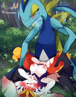 anthro areola biped black_body blue_body bodily_fluids breasts detailed_background duo female fingers fur grass male male/female multicolored_body nipples open_mouth plant red_eyes sweat white_body white_fur yellow_body yellow_eyes prrrrrrmine nintendo pokemon cinderace generation_8_pokemon inteleon pokemon_(species) absurd_res hi_res