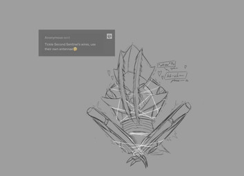 ambiguous_gender ankles_tied antennae_(anatomy) anthro bdsm begging bondage bound hands_behind_back machine restrained_arms shaking sitting solo text trembling tumblr_ask wire_bondage wire_play cogheartflutters second_sentinel arthropod robot english_text monochrome sketch