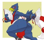 anthro beak big_butt blue_body blue_eyes blue_feathers bottomwear bulge bulge_from_behind butt clothed clothing cosplay crossdressing feathers footwear hand_fan holding_fan holding_object loincloth looking_at_viewer looking_back male open_mouth rear_view red_clothing smile smiling_at_viewer solo tail tail_feathers tongue wide_eyed reagan700 fatal_fury nintendo star_fox falco_lombardi mai_shiranui avian bird falcon falconid 2022 hi_res