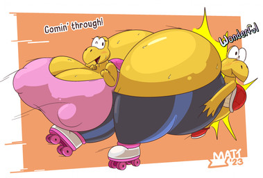 anthro behind_another big_breasts big_butt blush bodily_fluids bottomwear bottomwear_down breasts butt clothed clothing duo eyelashes female footwear hand_on_another's_butt hand_on_butt huge_breasts huge_butt hyper hyper_breasts hyper_butt larger_female looking_back male male/female nipple_outline one_eye_closed open_mouth pants pants_down partially_clothed pink_clothing pink_shell pink_topwear quad_skates red_shell roller_skates shell size_difference smaller_male sweat sweat_on_ass text thick_thighs topwear yellow_body mattthetooncat mario_bros nintendo koopa koopa_troopa rolla_koopa scalie 2023 digital_drawing_(artwork) digital_media_(artwork) english_text hi_res signature