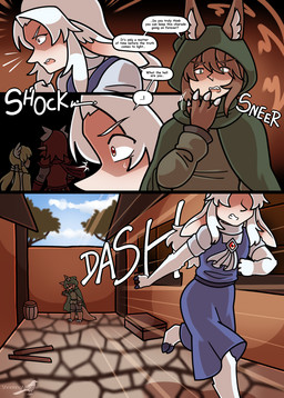 animal_ears blonde_hair brown_hair clawed_hands claws clothed clothing dialogue duo_focus female green_eyes group hair horn male monster_girl_(genre) open_mouth outside red_eyes red_hair simple_background text white_hair shriekingmagpie horned_humanoid humanoid comic digital_media_(artwork) english_text hi_res
