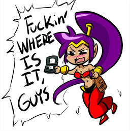 alcohol bare_shoulders beverage blush bottle bottomwear breasts cleavage clothed clothing container drunk electronics eyebrows female food footwear game_console hair holding_object humanoid_pointy_ears long_hair midriff navel not_furry open_mouth pants pointy_ears ponytail purple_hair shoes simple_background solo substance_intoxication text white_background anaugi nintendo nintendo_3ds nintendo_ds_family shantae_(series) wayforward shantae genie humanoid english_text