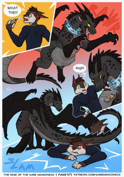 abdominal_bulge angry anthro arm_bite belly biped black_body black_scales brown_body brown_fur brown_hair clothed clothing collar dialogue dropping_object duo electricity electroshock_weapon eye_scar facial_scar female feral fight fur green_eyes hair male motion_lines notched_ear onomatopoeia oral_vore page_number pinned pinned_by_tail pounce quadruped roaring scales scar shirt shock_collar snarling soft_vore sound_effects surprise_attack tail tail_motion tail_slam taser text topwear unseen_prey vore weapon wings yellow_eyes darkdraconica mythology darky_(darkdraconica) simon_(darkdraconica) canid canine canis dragon mammal mythological_creature mythological_scalie scalie wolf 2023 absurd_res artist_name comic digital_drawing_(artwork) digital_media_(artwork) english_text hi_res multiple_scenes url